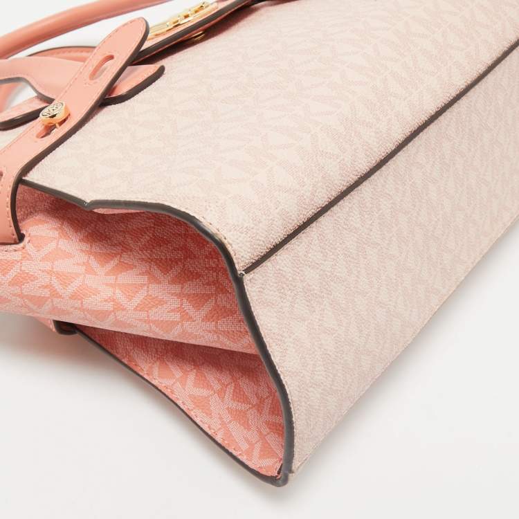 Michael Kors Pink/Peach Signature Coated Canvas Medium Carmen Flap Satchel