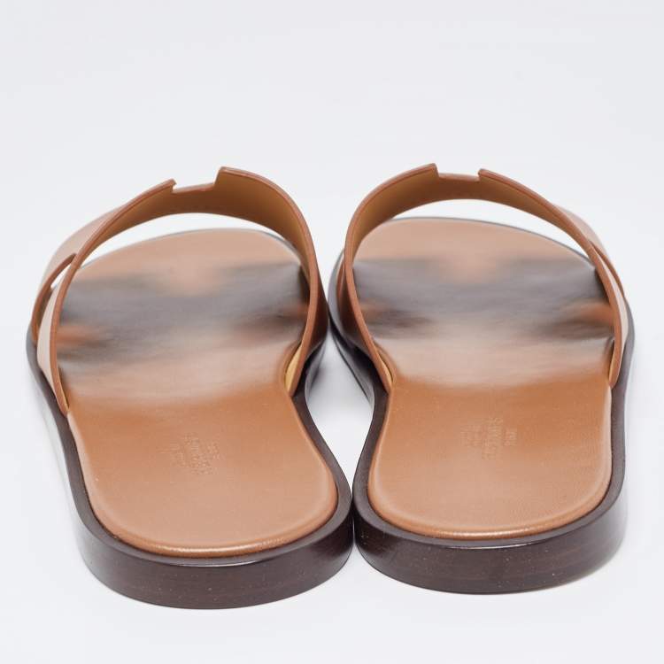 Hermes Brown Leather Izmir Flat Slides Size 42