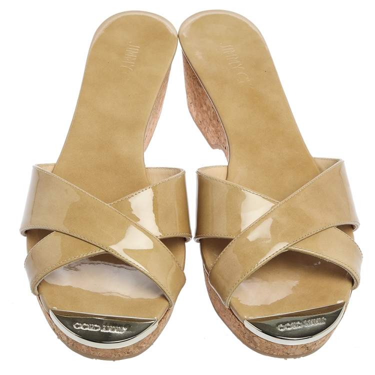 Jimmy Choo Beige Patent Leather Perfume Cork Wedge Platform Slide Sandals Size 38