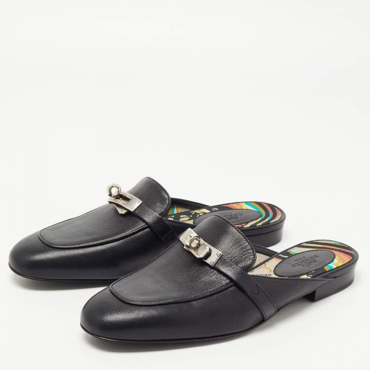 Hermes Black Leather Oz Flat Mules Size 37