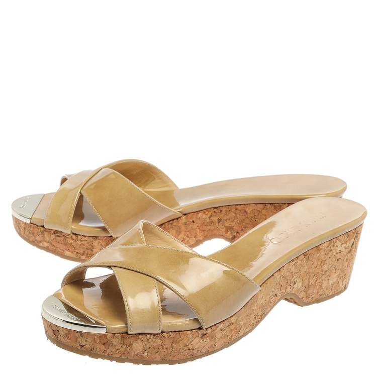Jimmy Choo Beige Patent Leather Perfume Cork Wedge Platform Slide Sandals Size 38