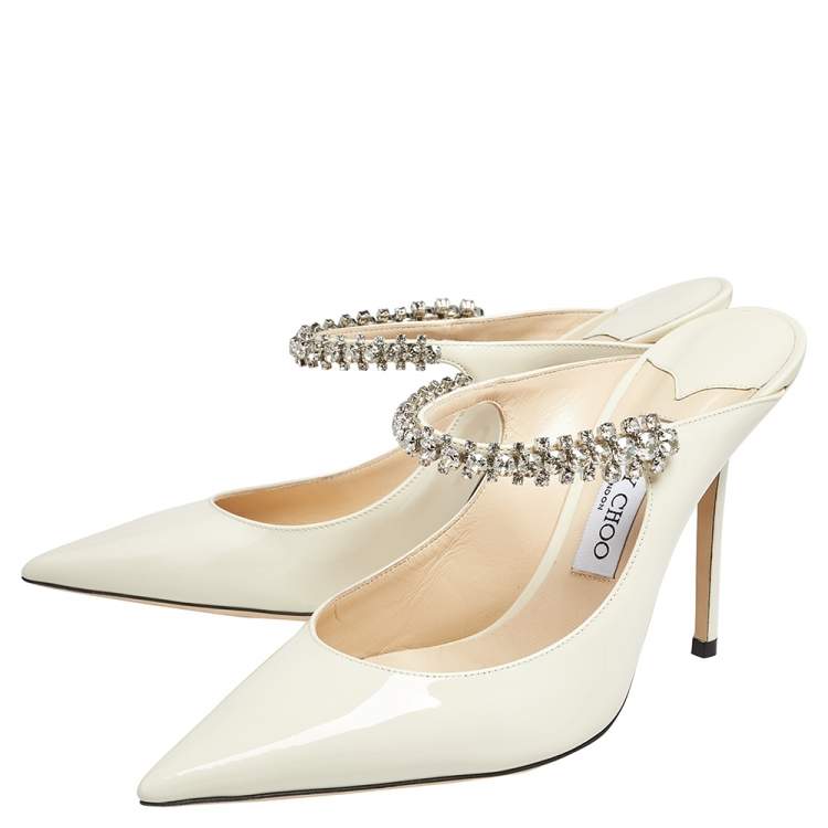 Jimmy Choo Cream Patent Leather Crystal Embellished Pointed Toe Mule Sandals Size 40