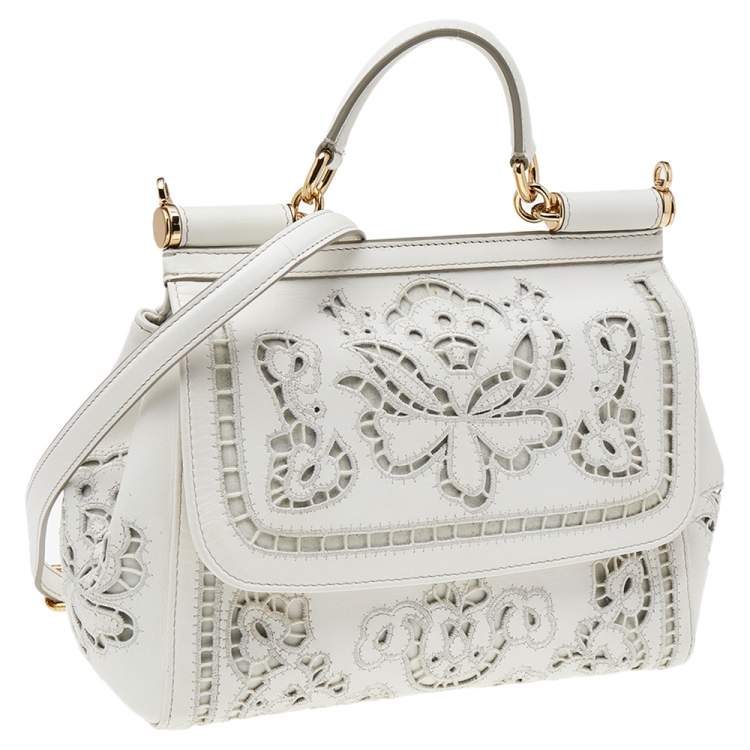 Dolce & Gabbana White Floral Leather Miss Sicily Top Handle Bag