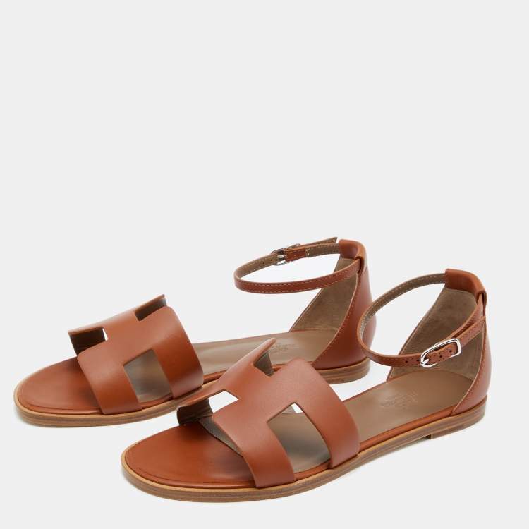 Hermes Brown Leather Santorini Ankle Strap Sandals Size 37