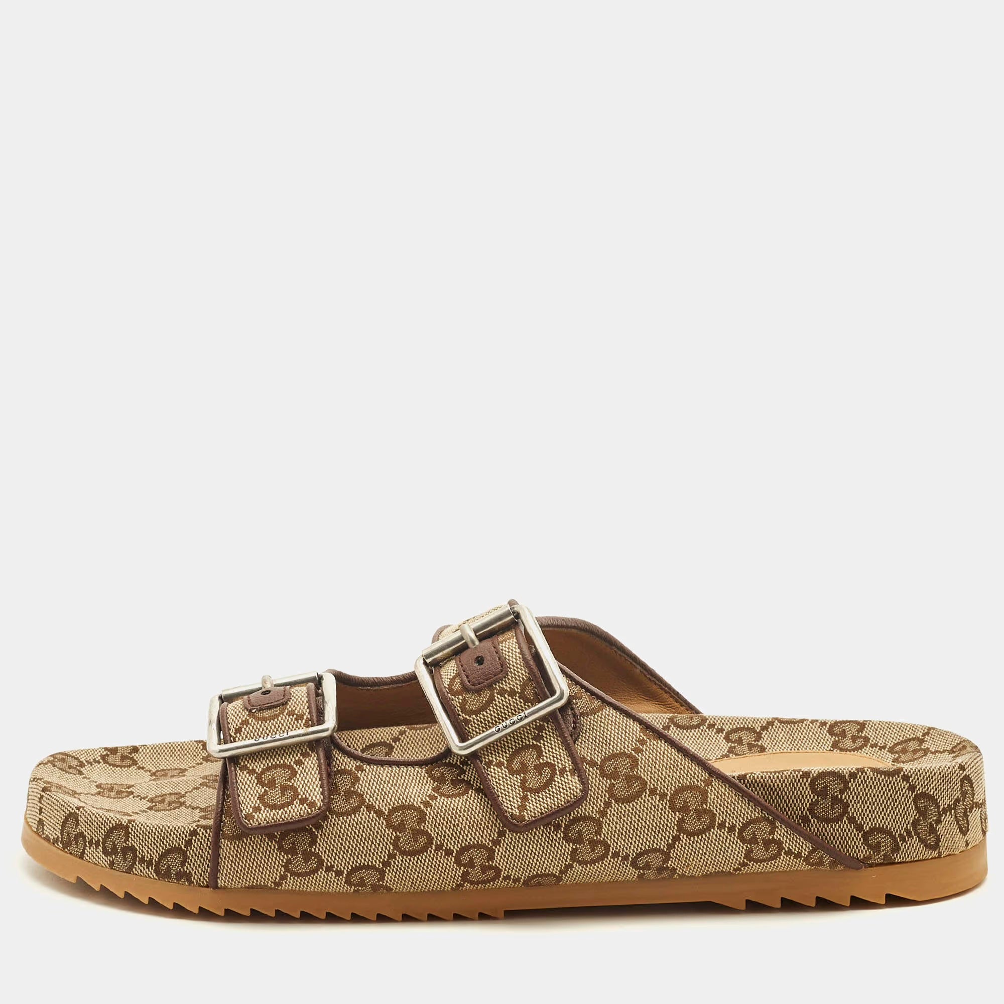 Gucci GG Size 44 Beige/Brown Canvas and Leather Double Buckle Slide Sandals