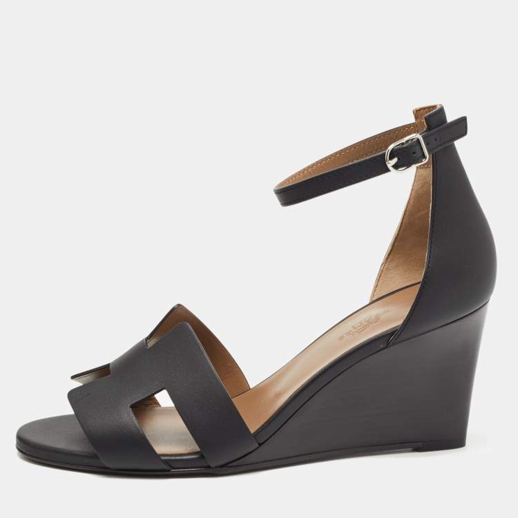 Hermes Black Leather Legend Wedge Ankle Strap Sandals Size 38