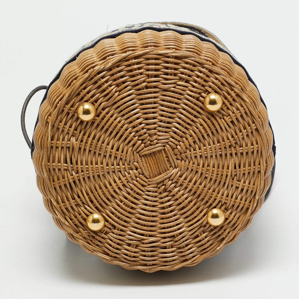 Dior Wicker Drawstring Navy Blue Oblique Canvas and Rattan Bucket Bag