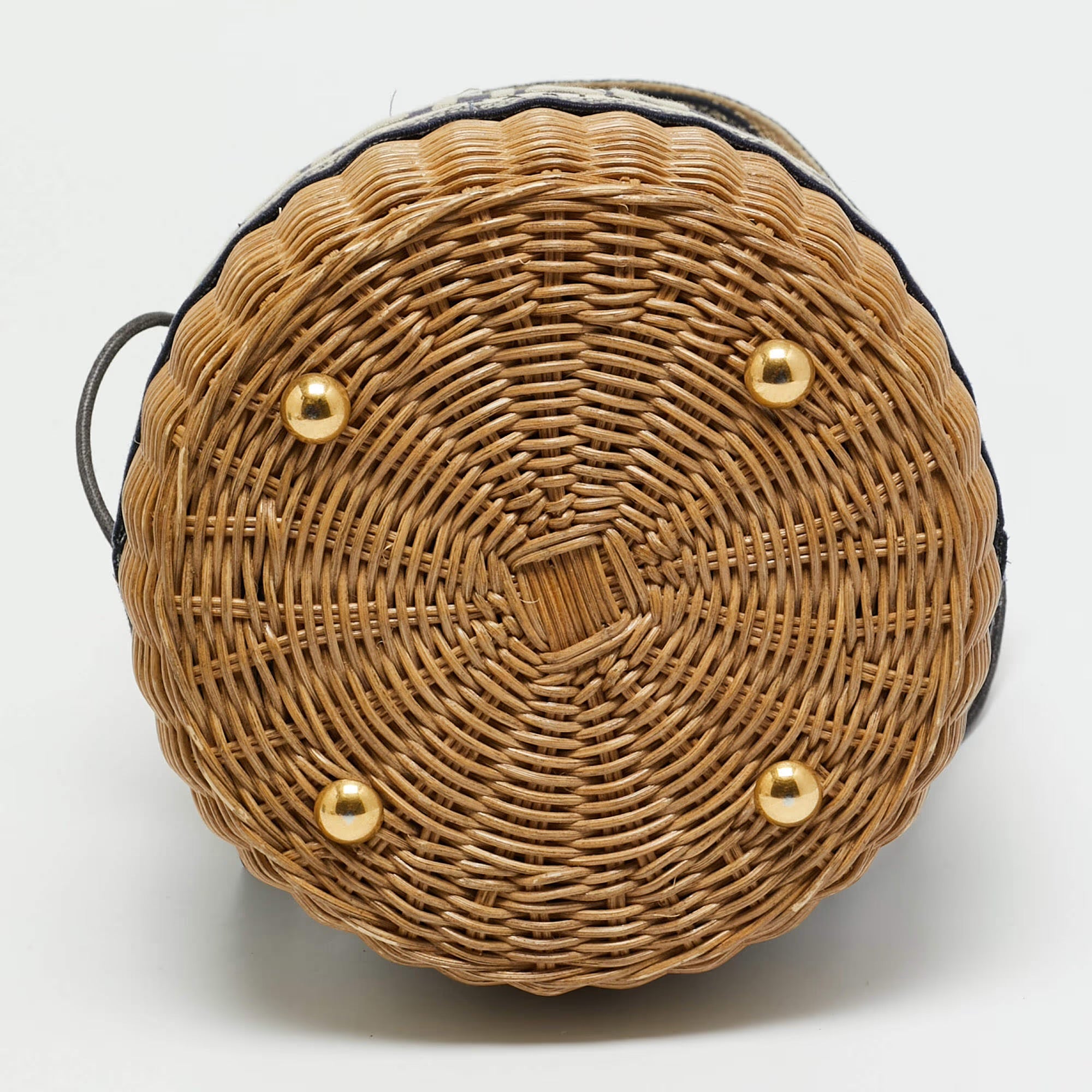 Dior Wicker Drawstring Navy Blue Oblique Canvas and Rattan Bucket Bag
