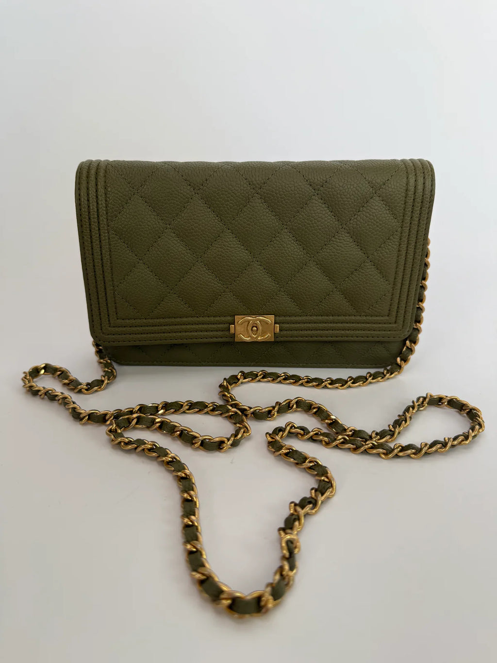 CHANEL BOY WALLET ON CHAIN IN KHAKI CAVIAR LEATHER WITH GHW