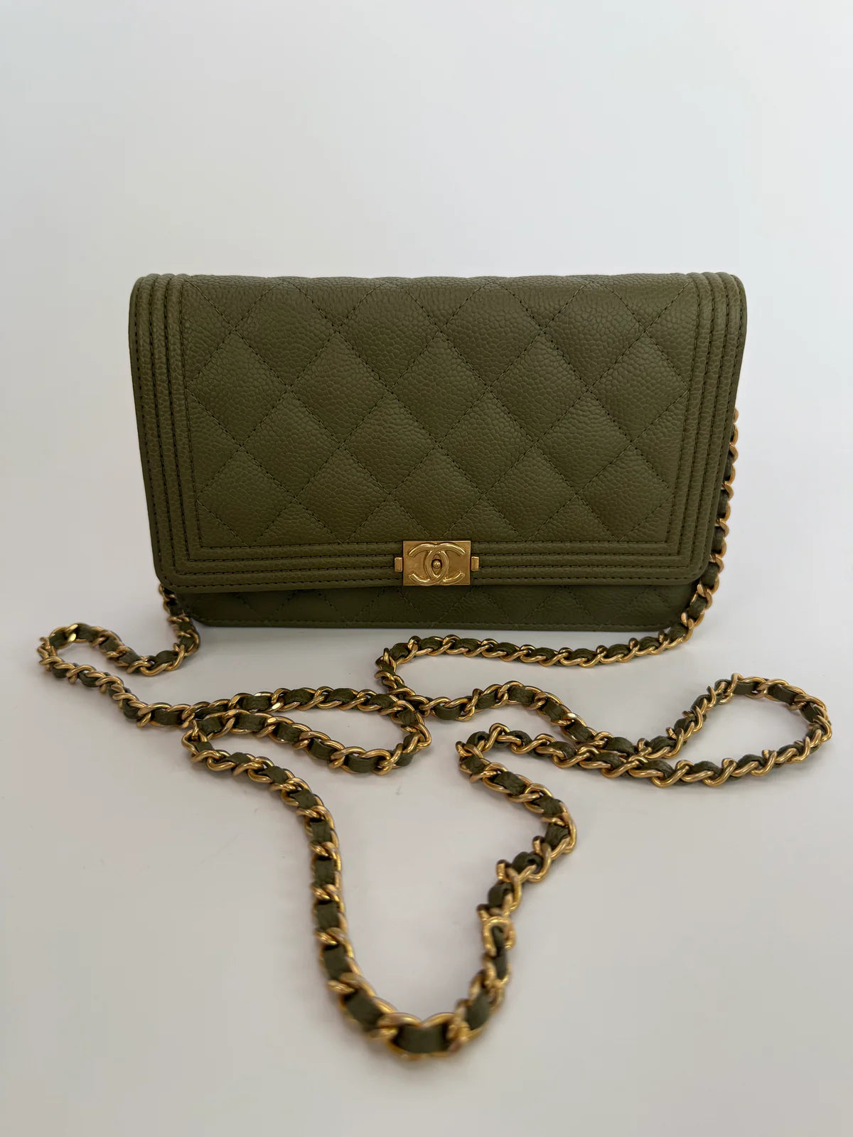 CHANEL BOY WALLET ON CHAIN IN KHAKI CAVIAR LEATHER WITH GHW