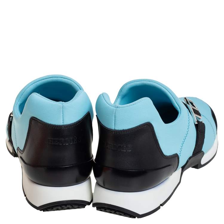 Hermes Blue/Black Neoprene And Suede Run Round Toe Sneakers Size 39
