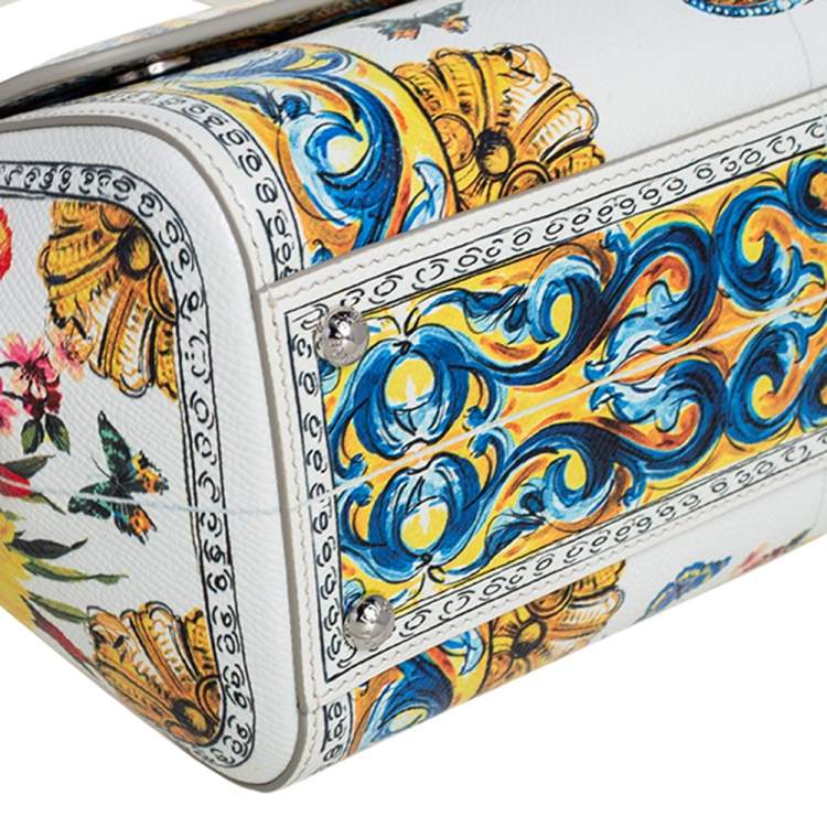 Dolce & Gabbana White/Multicolor Floral Print Leather Medium Miss Sicily Top Handle Bag
