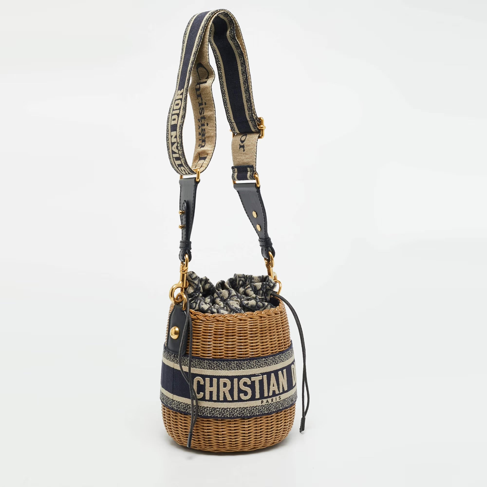 Dior Wicker Drawstring Navy Blue Oblique Canvas and Rattan Bucket Bag