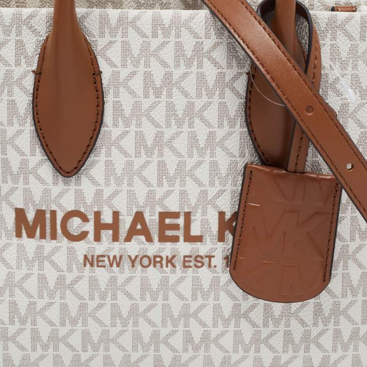 Michael Kors Brown/Beige Logo Jacquard Fabric and Faux Leather Small Mirella Tote