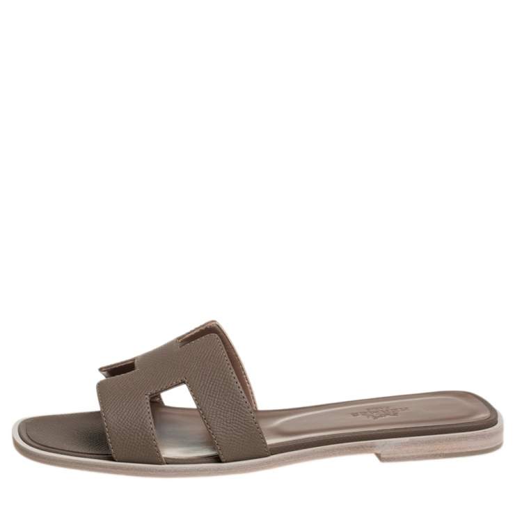 Hermes Grey Leather Oran Flat Slides Size 37.5