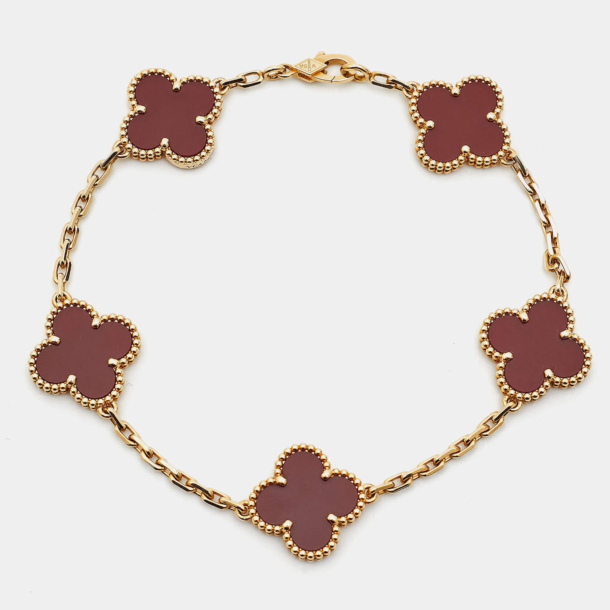 Van Cleef & Arpels Vintage Alhambra 18k Yellow Gold Carnelian 5 Motif Station Bracelet