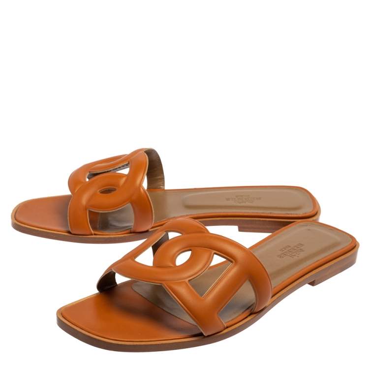 Hermes Tan Leather Omaha Flat Slides Size 38