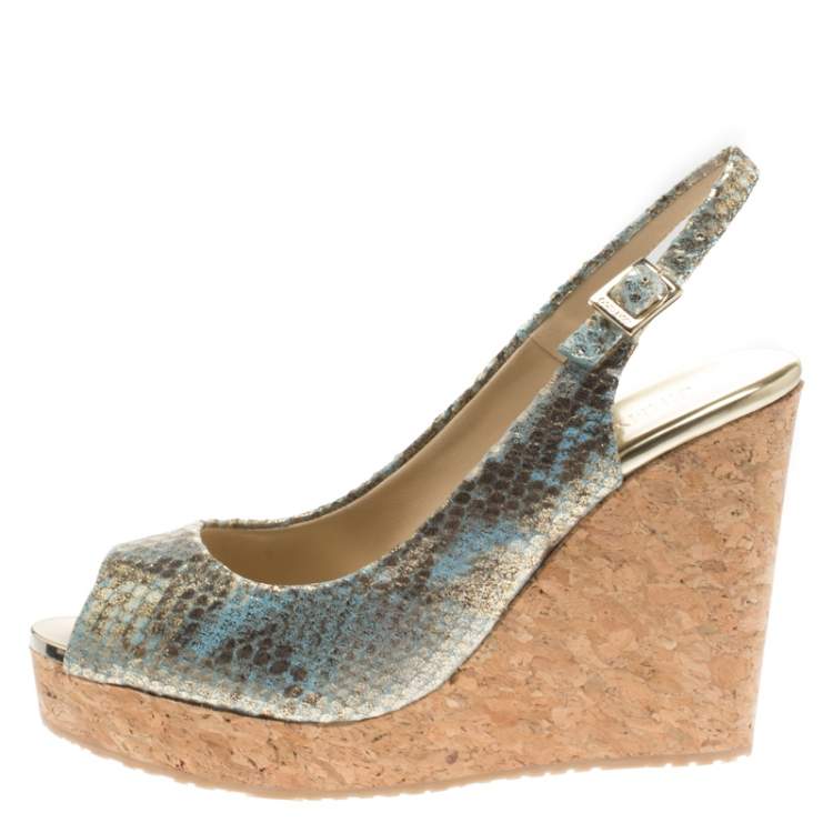 Jimmy Choo Metallic Tea Rose Mix Embossed Python Leather Prova Slingback Cork Wedge Sandals Size 38.5