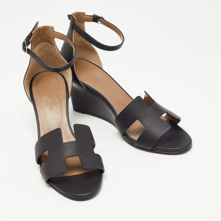 Hermes Black Leather Legend Wedge Ankle Strap Sandals Size 38