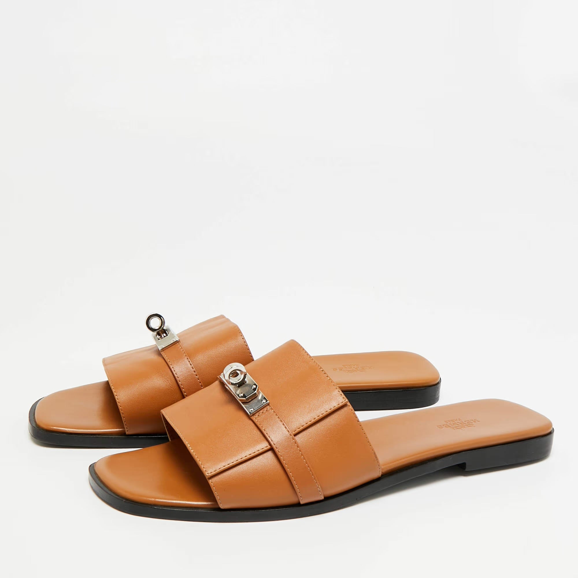 Hermes Giulia Size 42 Brown Leather Slide Flats