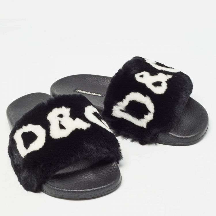 Dolce & Gabbana Black Fur Logo Print Slides Size 37
