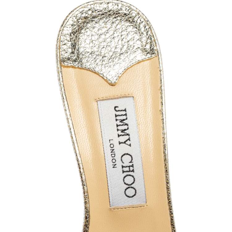 Jimmy Choo Metallic Silver Crinkled Leather Gillian Slide Sandals Size 37.5