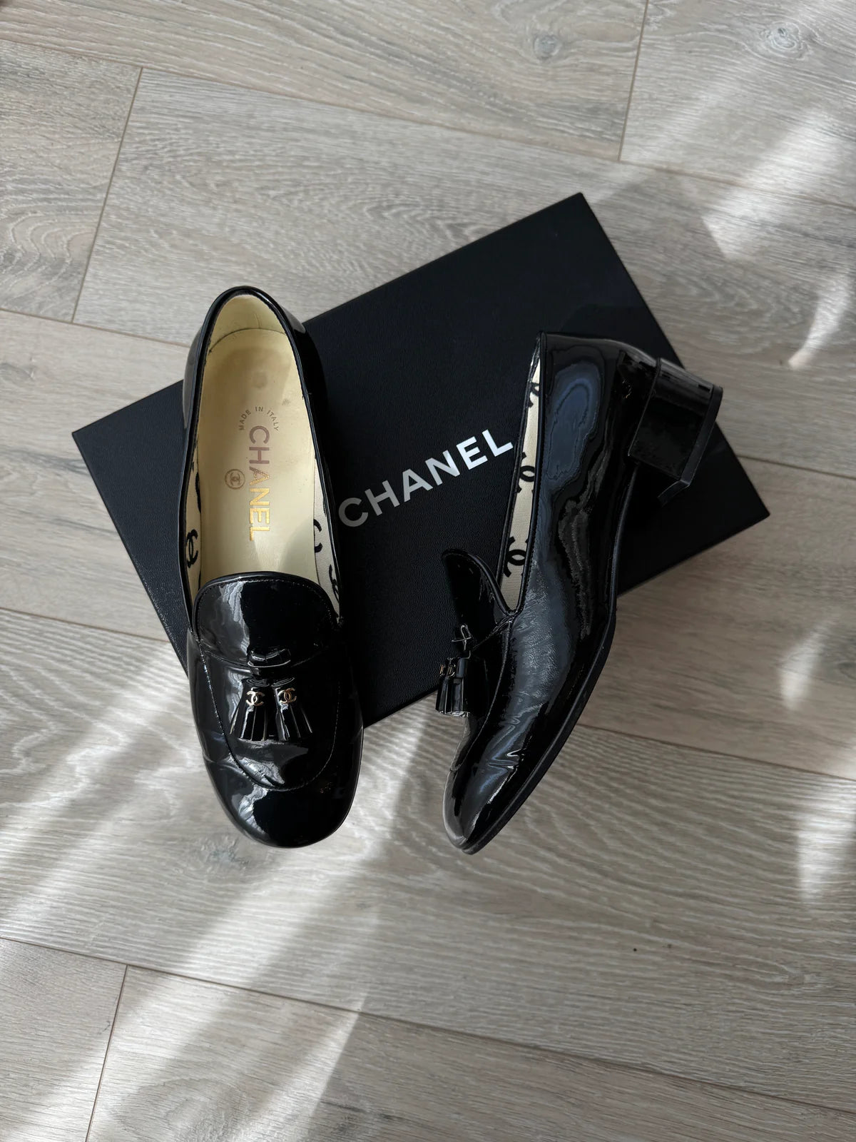 CHANEL BLACK PATENT LOAFERS (SIZE 38/UK5)
