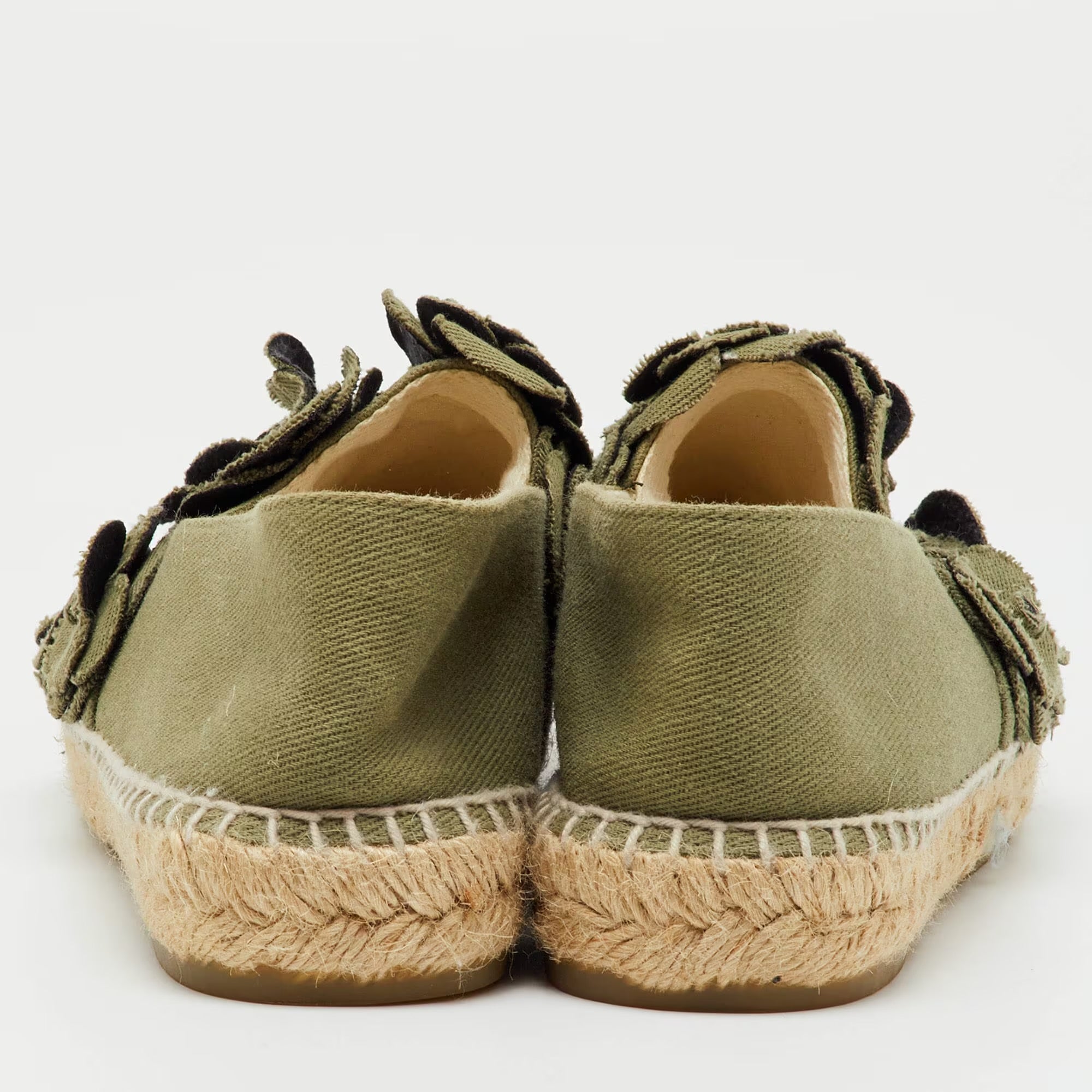 Chanel Olive Green Canvas CC Camelia Espadrille Flats Size 39