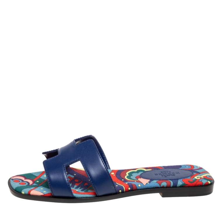 Hermes Navy Blue Leather Oran Flat Slide Sandals Size 36