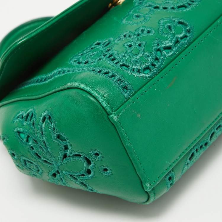 Dolce & Gabbana Green Leather Small Embroidered Miss Sicily Top Handle Bag