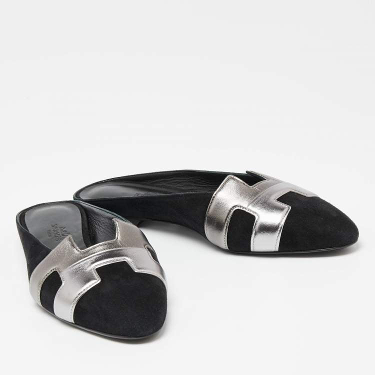 Hermes Black/Metallic Grey Suede and Leather Roxane Flat Mules Size 37