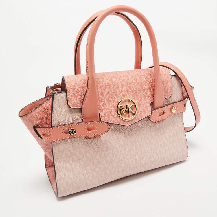 Michael Kors Pink/Peach Signature Coated Canvas Medium Carmen Flap Satchel