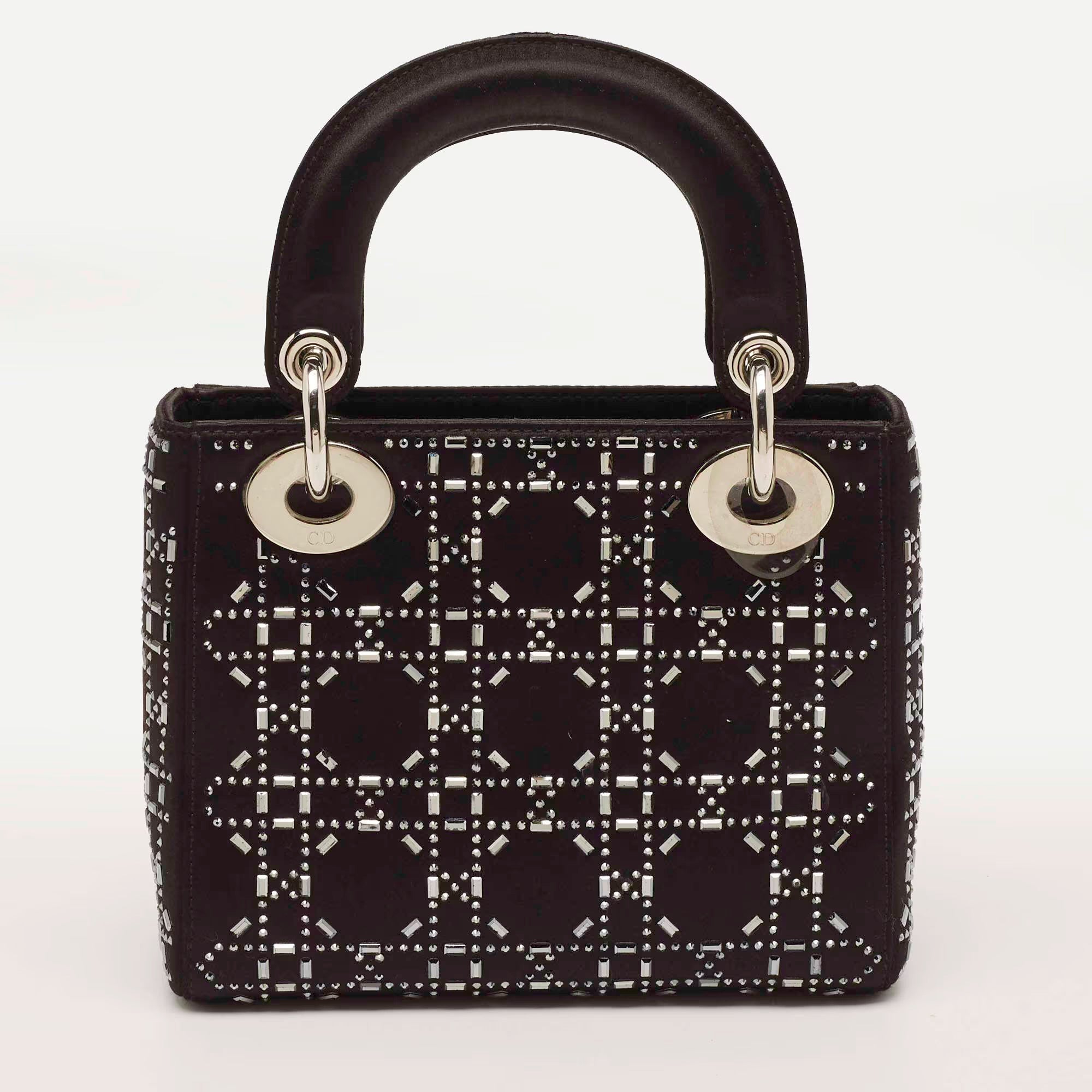 Dior Lady Dior Crystal Mini Black Cannage Satin Tote