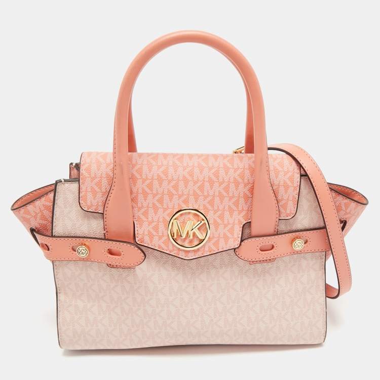 Michael Kors Pink/Peach Signature Coated Canvas Medium Carmen Flap Satchel
