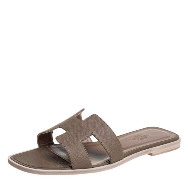 Hermes Grey Leather Oran Flat Slides Size 37.5