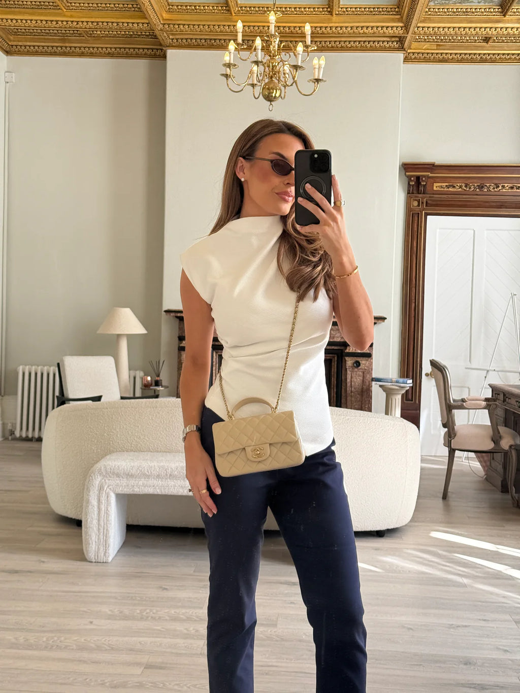 CHANEL MINI RECTANGLE TOP HANDLE IN ECRU LAMBSKIN LEATHER WITH GHW