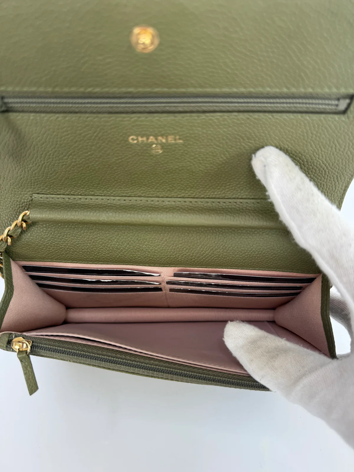 CHANEL BOY WALLET ON CHAIN IN KHAKI CAVIAR LEATHER WITH GHW