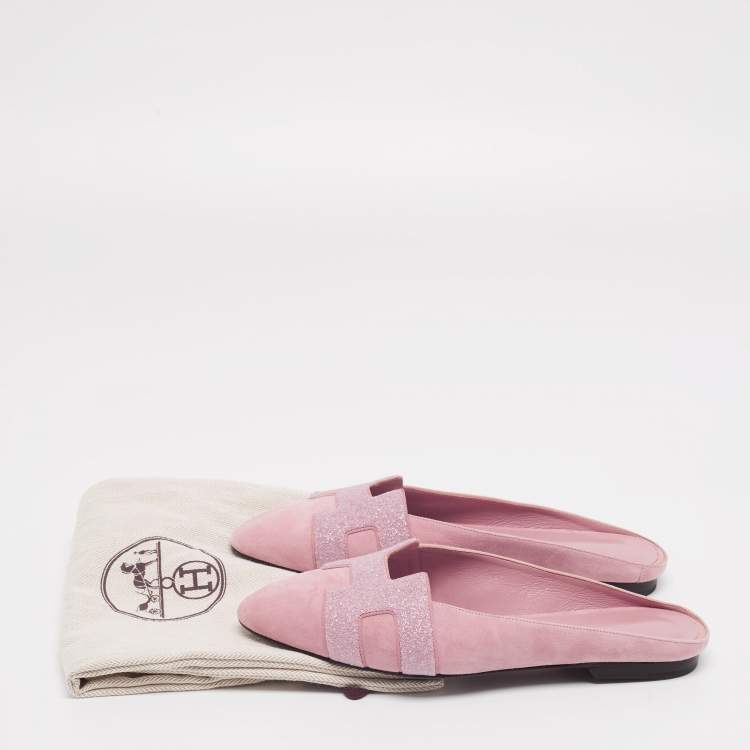 Hermes Pink Glitter And Suede Roxane Mule Flats Size 36
