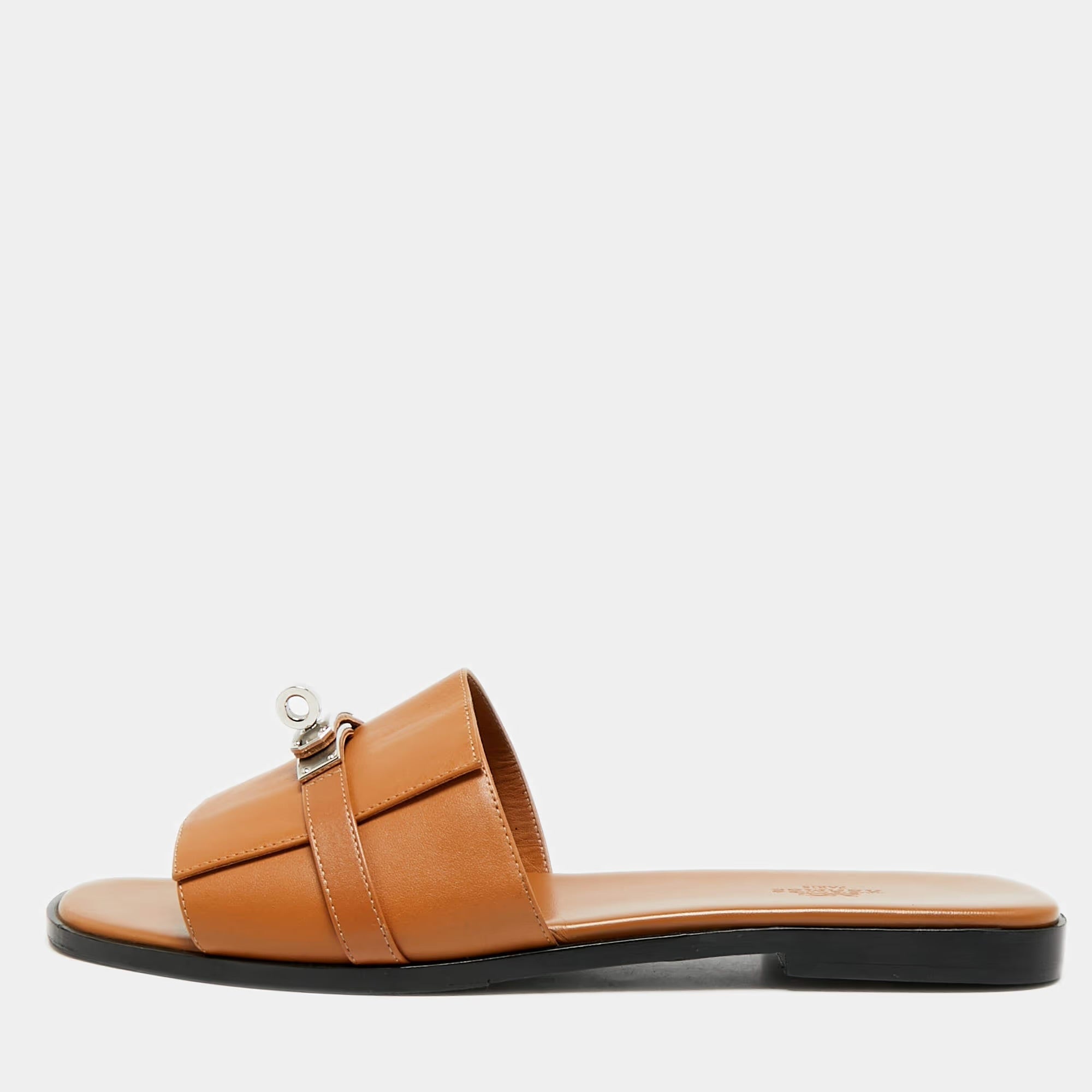Hermes Giulia Size 42 Brown Leather Slide Flats