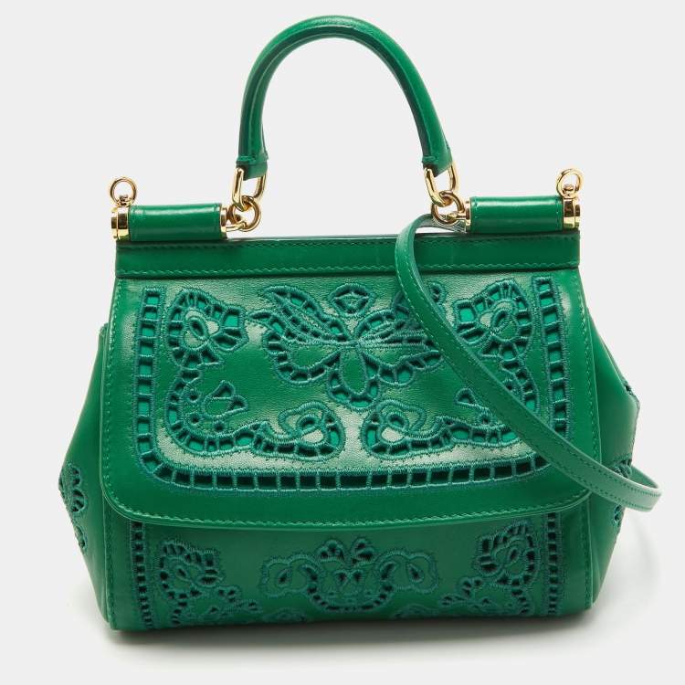 Dolce & Gabbana Green Leather Small Embroidered Miss Sicily Top Handle Bag