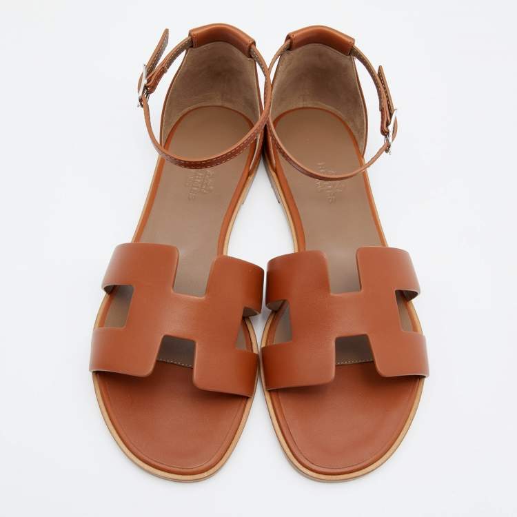 Hermes Brown Leather Santorini Ankle Strap Sandals Size 37