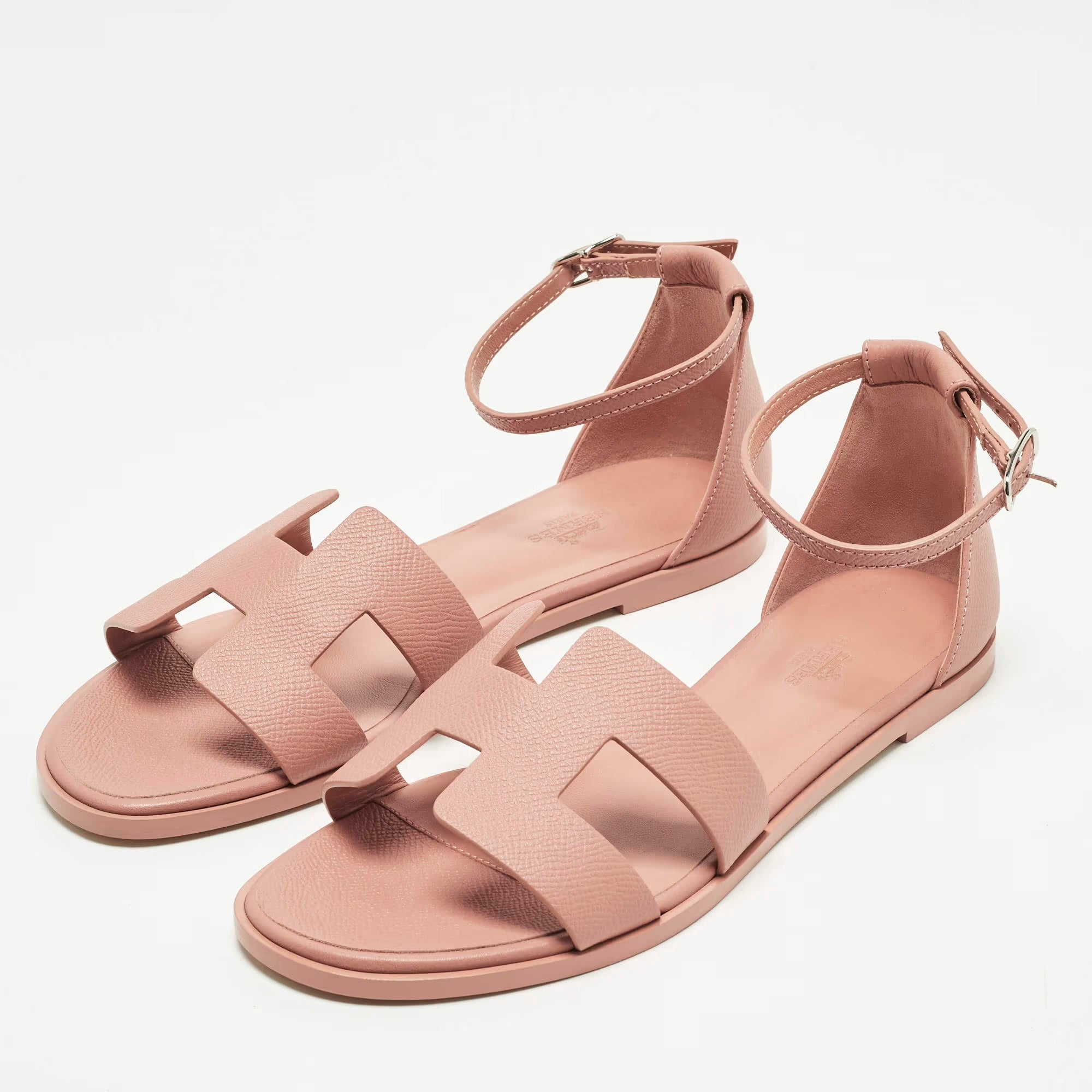 Hermes Santorini Size 39 Pink Leather Ankle Strap Flat Sandals