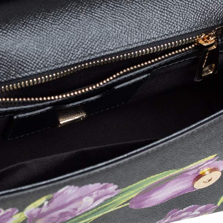 Dolce & Gabbana Black Tulip Print Leather Medium Miss Sicily Top Handle Bag