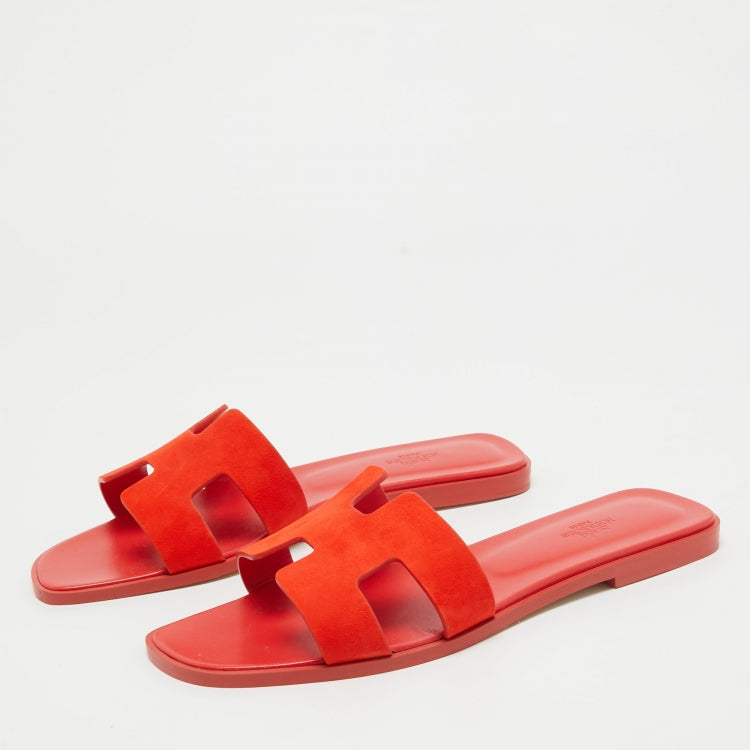 Hermes Red Suede Oran Flat Slides Size 41