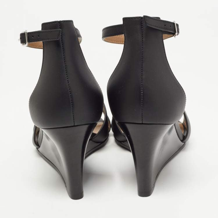 Hermes Black Leather Legend Wedge Ankle Strap Sandals Size 38
