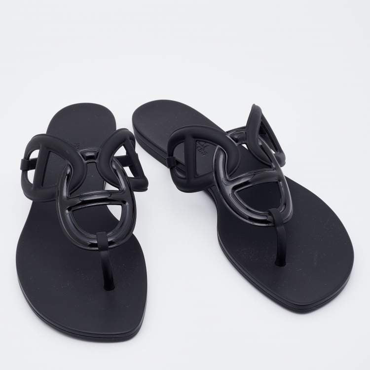 Hermes Black Rubber Chaine d'Ancre Thong Flat Slides Size 39