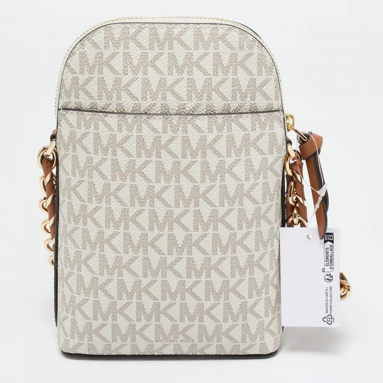 Michael Kors White Signature Coated Canvas and Leather Small Jet Set Charm NS Phone Crossbody Bag