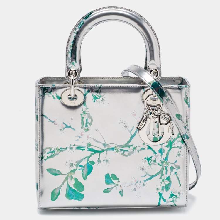 Dior Metallic Silver/Green Printed Leather Medium Lady Dior Tote