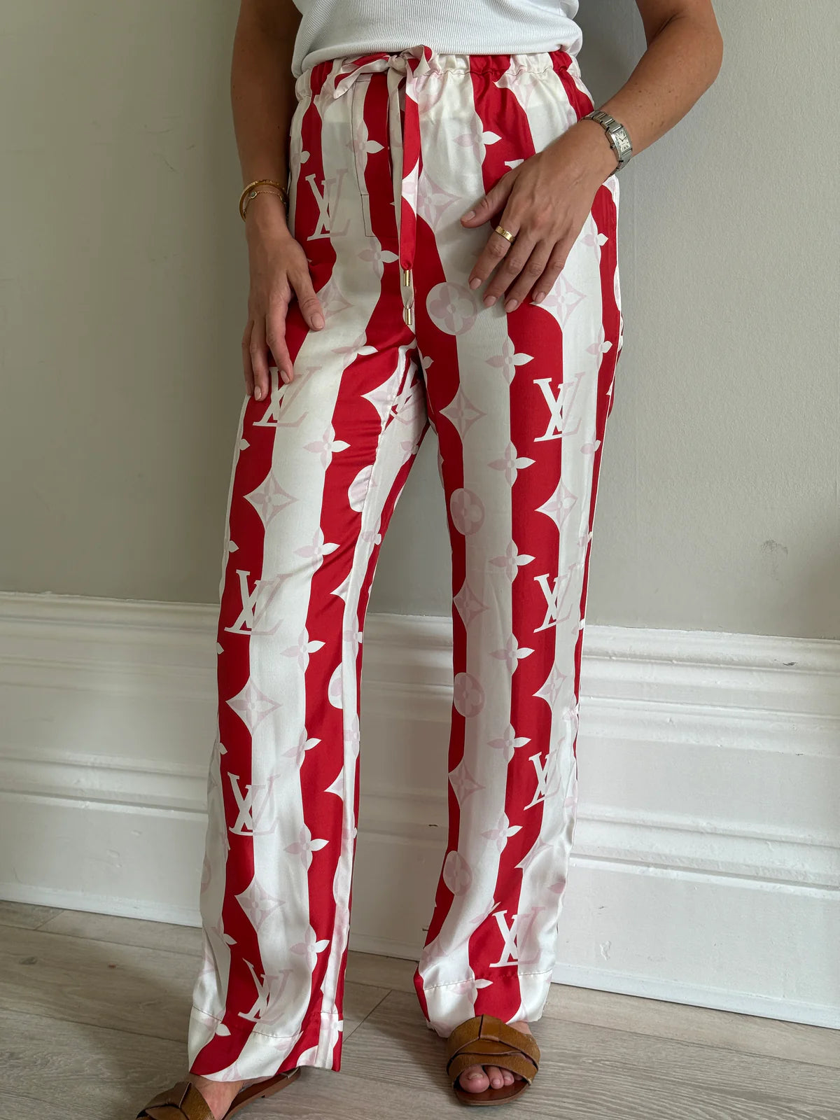 LOUIS VUITTON RED MONOGRAM SILK TWILL TROUSERS ( SIZE 38/10)
