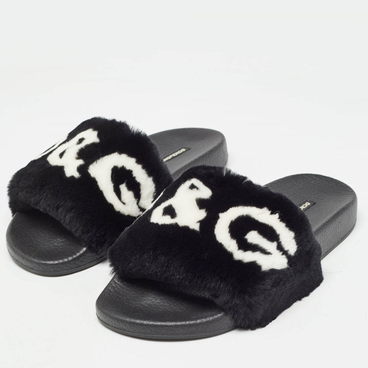 Dolce & Gabbana Black Fur Logo Print Slides Size 37